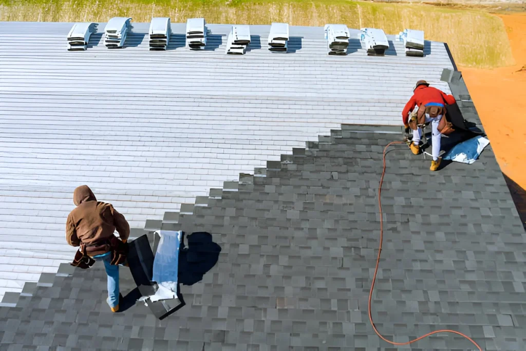 roofers laying tiles on to the roof