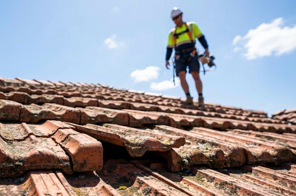 professional roofer standing blur on top of the roof repair